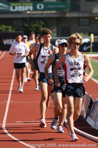 Tyler Sorensen, Matthew Forgeus, and Trevor Barron leading the 10K Junior Men’s National Race Walk