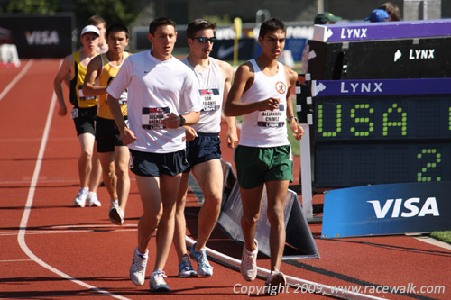 Alejandro Chavez, Josh Haertel, and Dan Serianni walking as the 2nd pack in the 10K Junior Men’s National Race Walk