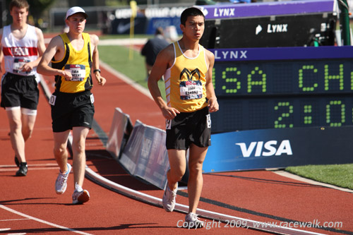 John Randall, Evan Vincent, and Tyler Campbell walking as the 3rd pack in the 10K Junior Men’s National Race Walk