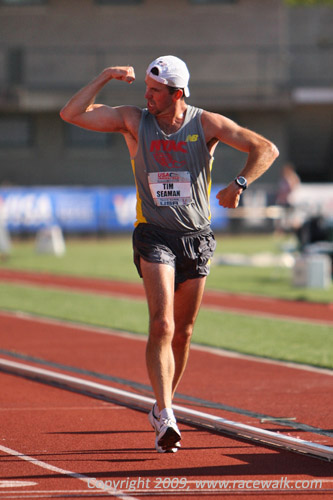 Tim Seaman celebrating after winning the Men's 20K Race Walking Nationals