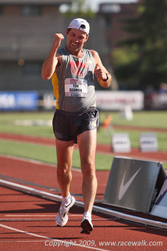 Tim Seaman celebrating after winning the Men's 20K Race Walking Nationals