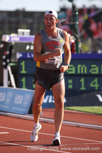 Tim Seaman celebrating after winning the Men's 20K Race Walking Nationals