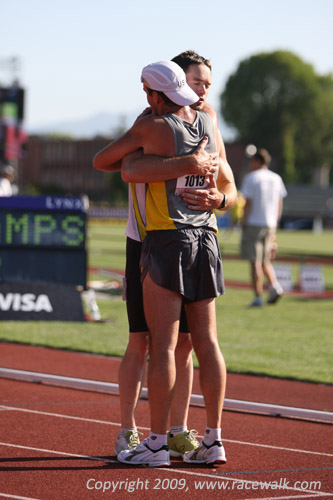 Seaman and Stroupe celebrating together at the Men's 20K Race Walking Nationals