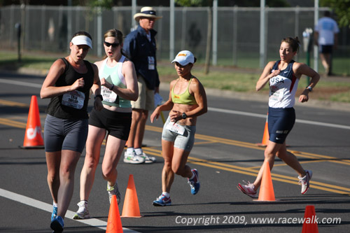 Erin Taylor, L'eerin Voss, Susan Randall, and Miranda Melville rounding the turn at the 20K Women's Race Walk Nationals
